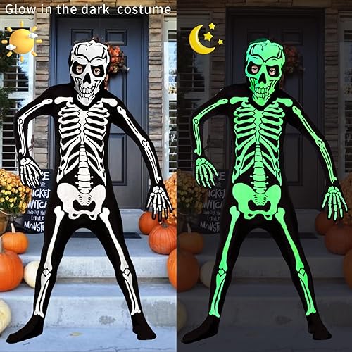 Miniatura 7 de Kitimi Disfraz de esqueleto para niños que brilla en la oscuridad, enterizo de Halloween para niños y niñas con colgante de esqueleto