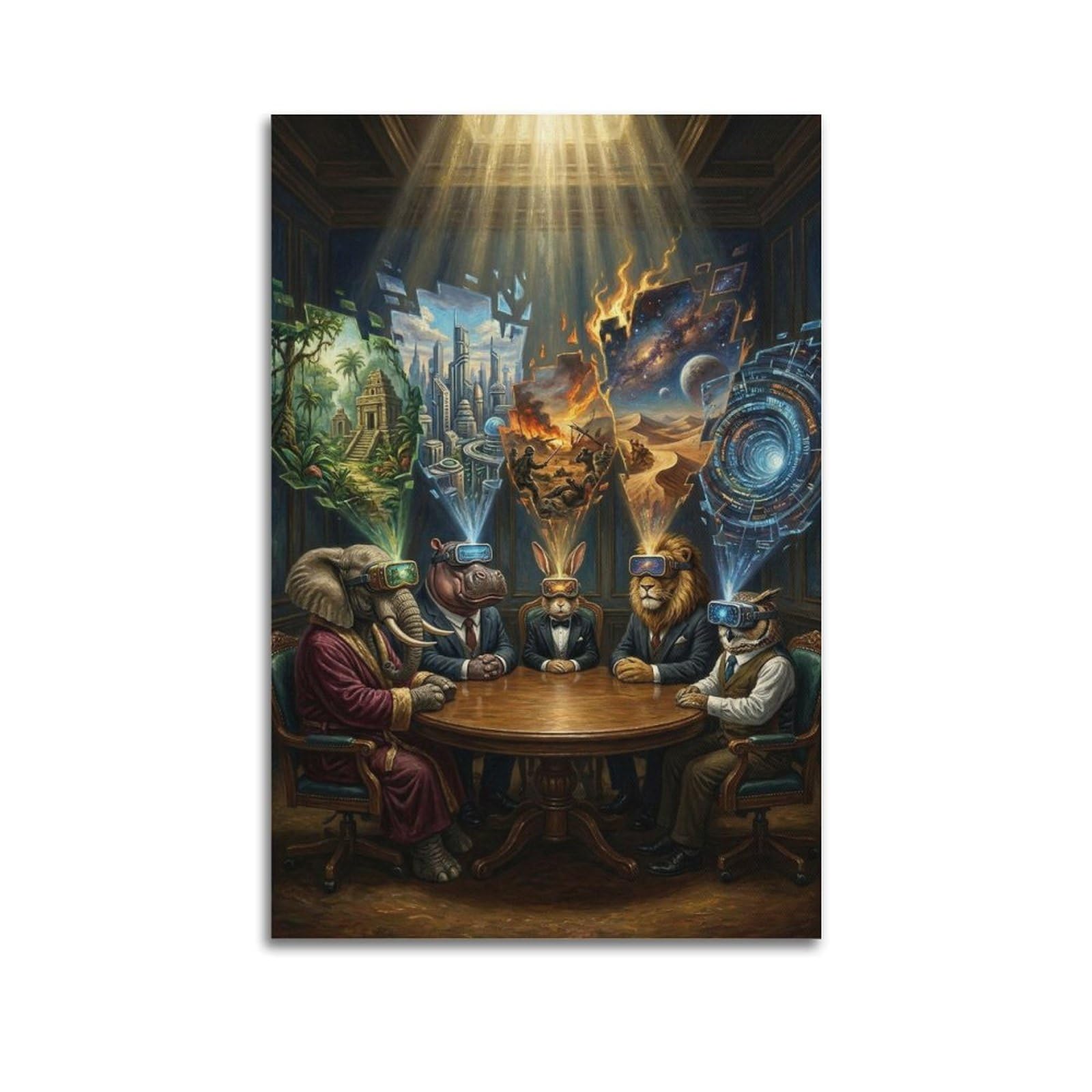 XKUGA Surreal Vintage Animal Poster Council Meeting Groupthink Modern Decorative Canvas Prints - Ideal Wall Art for Family, Man Cave, Game Room, Boys & Girls Bedroom 24x36inch(60x90cm)