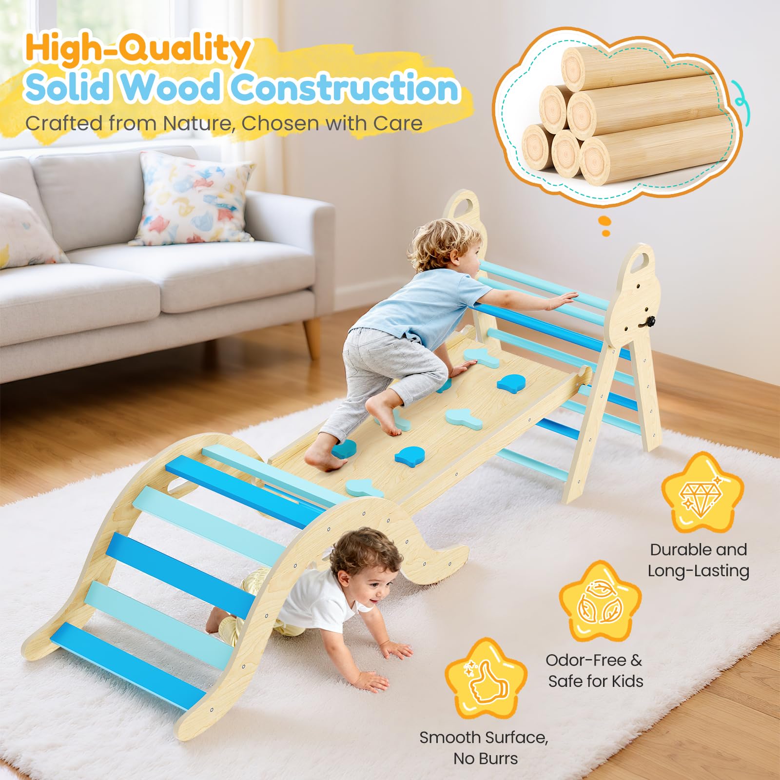 Montessori 7 en 1 estructura de escalada interior, triángulo de escalada con tobogán y arco de escalada, juguete de escalada de madera estable con alfombrilla de seguridad, parque infantil