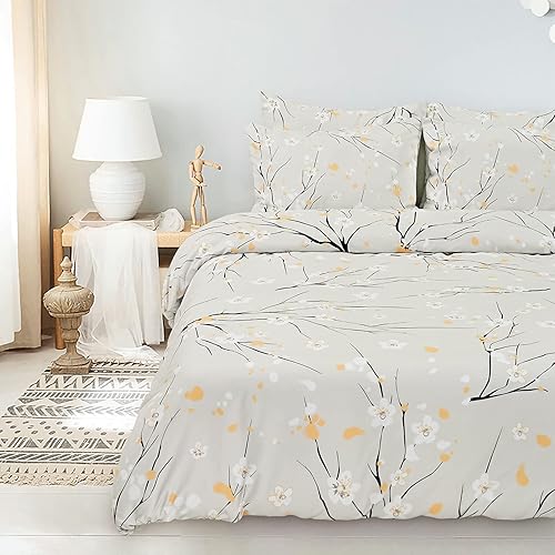 Miniatura 3 de Lyacmy Juego de funda de edredón con patrón de flor de ciruelo, tamaño Queen (90 x 90 pulgadas), 3 piezas (1 funda de edredón, 2 fundas de