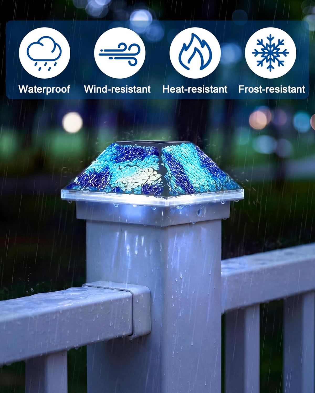 Tuanse 4 Pack Mosaic Solar Post Cap Lights Outdoor - Blue Crackled Glass Solar Fence Post Lights for 4x4 3.5x3.5 Wood PVC Posts, Waterproof LED Deck Lamp for Garden Yard Patio Landscape Decor