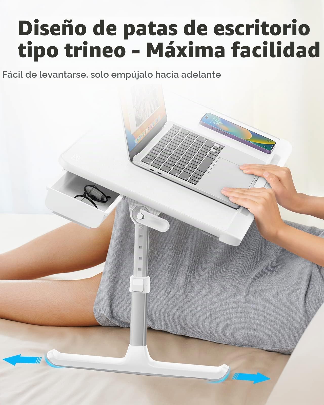 SAIJI Mesa para Ordenador portátil de Cama, Mesa Ajustable, Bandeja de Almacenamiento, Patas Plegables de Trineo y Tablero de Piel PVC (Blanco)