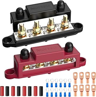 MOFEEZ Power Distribution Block Bus Bar, 4 x 5/16" Post Marine Bus Bar Battery Busbar Terminal Block with Cover, Lugs, Ring Terminals (Pair, Red & Black)