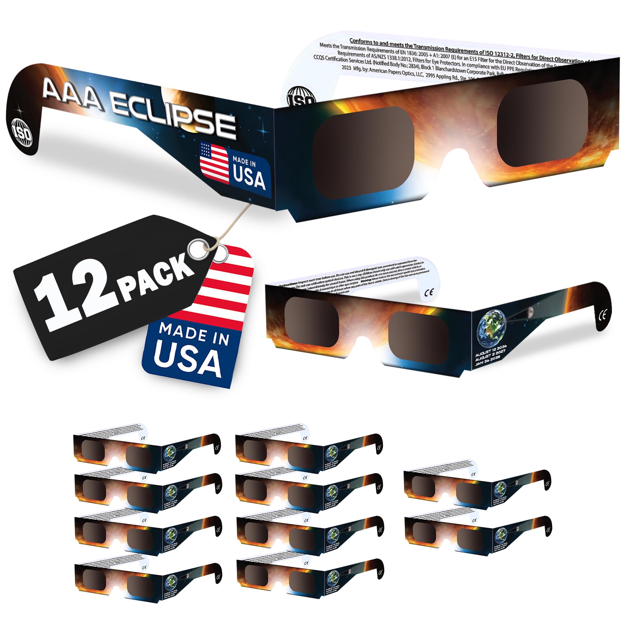 AAA Eclipse - Pack of 12 Solar Eclipse Glasses ISO 12312-2 Certified Solar Glasses - Made in USA - Direct Sun Viewing spectacles UK - Total Eclipse specs