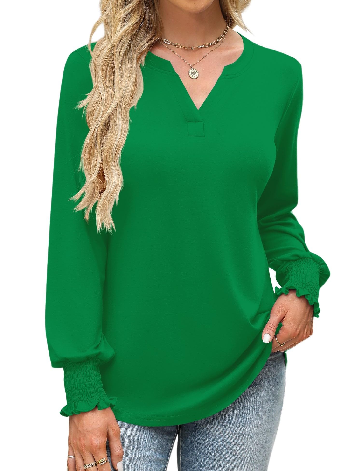 Rapbin Damen Bluse Langarm Tops Elegant Locker V-Ausschnitt Oberteile Shirt Casual Herbst Tunika