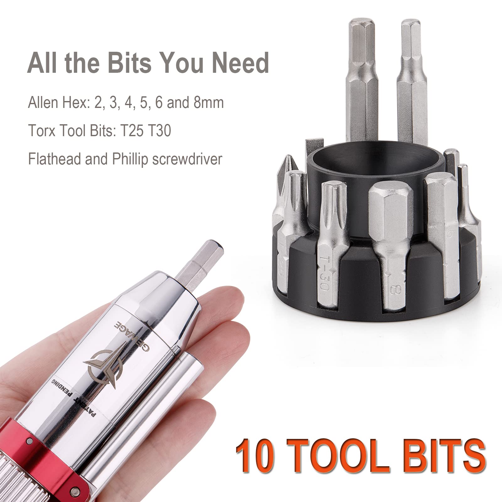 GEWAGE Adjustable Torque Wrench, Aluminum Alloy, 3-10 Nm Range, T-Shape Handle, Includes Allen Wrenches and Screwdrivers