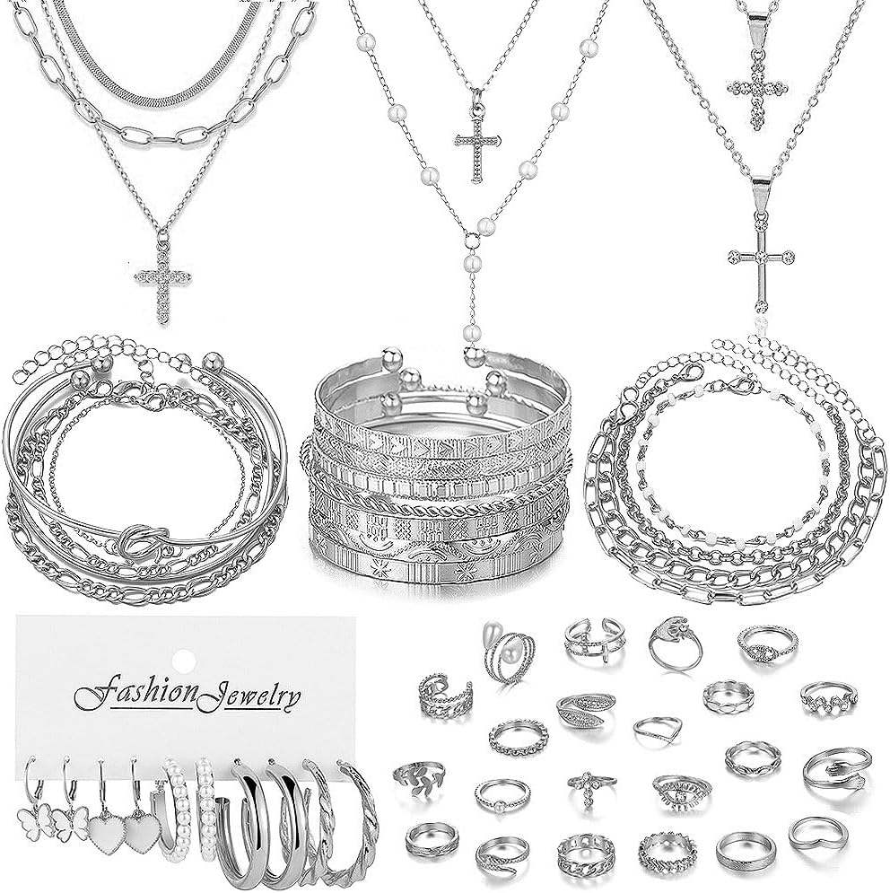 49pcs Gold Plated Jewelry Sets include Multi Layered Necklaces Bracelets and Earrings Set Crosses Pearls Choker Necklace Designs for Women Party Friendship Gift​​s