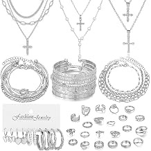 49pcs Gold Plated Jewelry Sets include Multi Layered Necklaces Bracelets and Earrings Set Crosses Pearls Choker Necklace Designs for Women Party Friendship Gifts