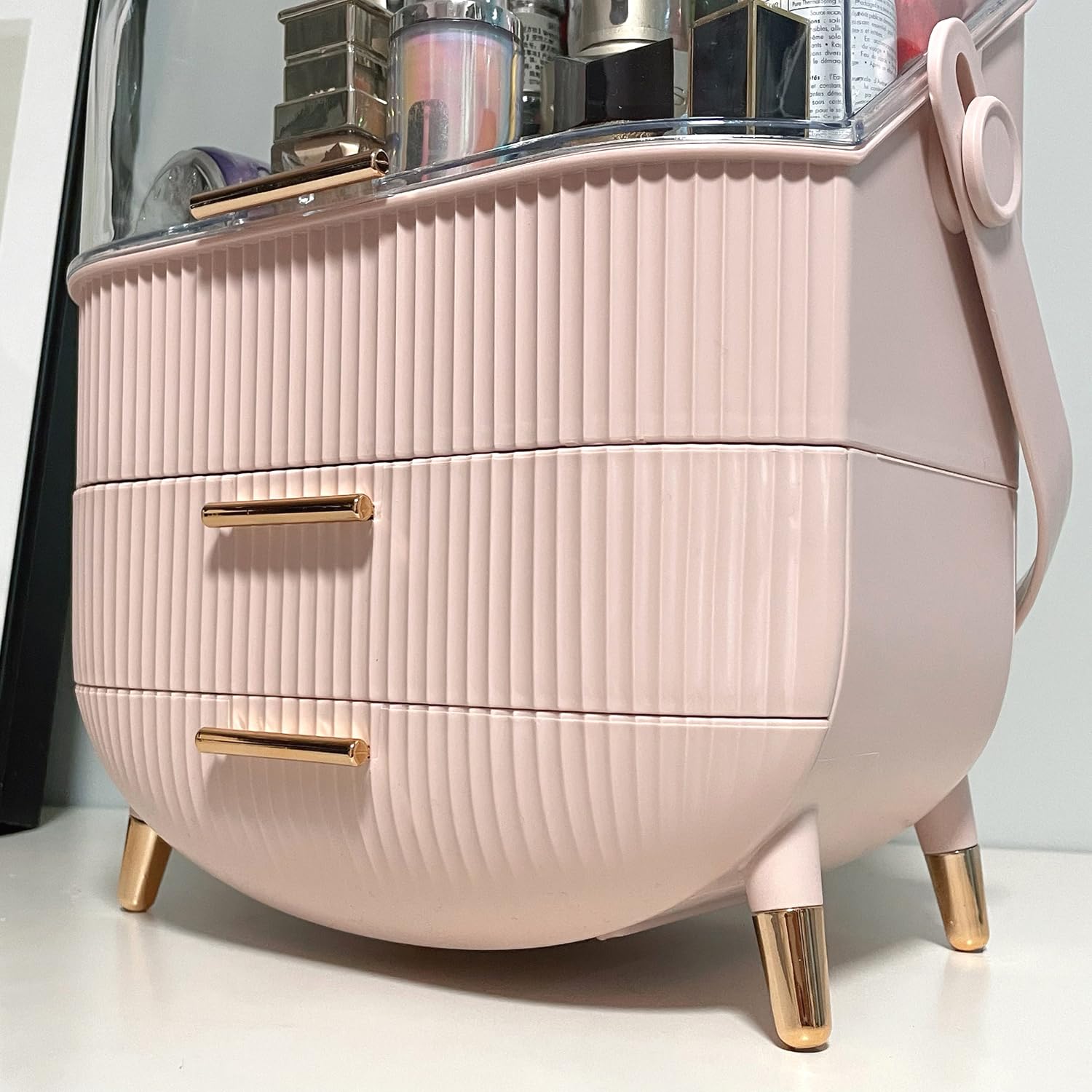 Kousee - Organisateur de maquillage avec couvercle transparent, tiroirs pour soins de la peau, porte-beauté pour salle de bain, coiffeuse, résistant à la poussière et étanche, rose