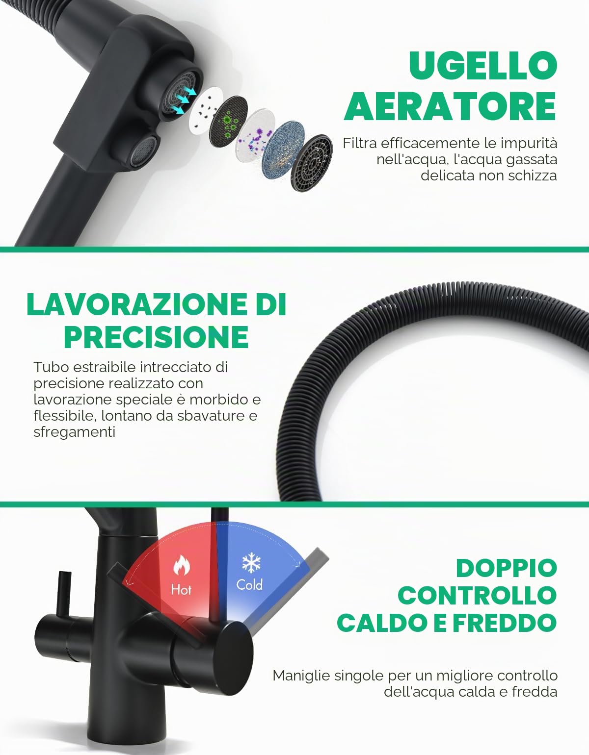 TIMACO - Rubinetto da cucina nero a 3 vie, girevole a 360°, con rubinetto 3 in 1 per filtro dell'acqua, con molla a spirale, con doppia leva, ad alta pressione