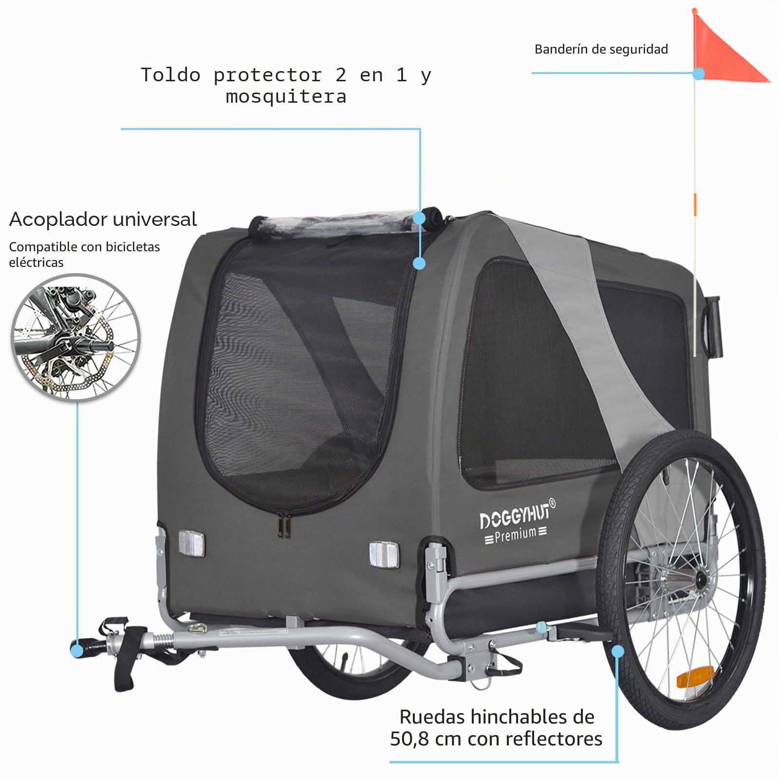 TIGGO DOGGYHUT® 80105 Premium Large 2 en 1 Remolque de bicicleta para perros y corredores de hasta 35 kg para perros medianos y grandes