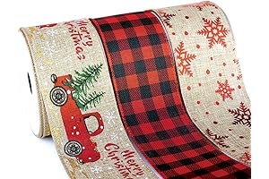 BURLAP CHRISTMAS RIBBON WIRED RED TRUCK MERRY CHRISTMAS/SNOWFLAKE/BUFALO Black Checkered