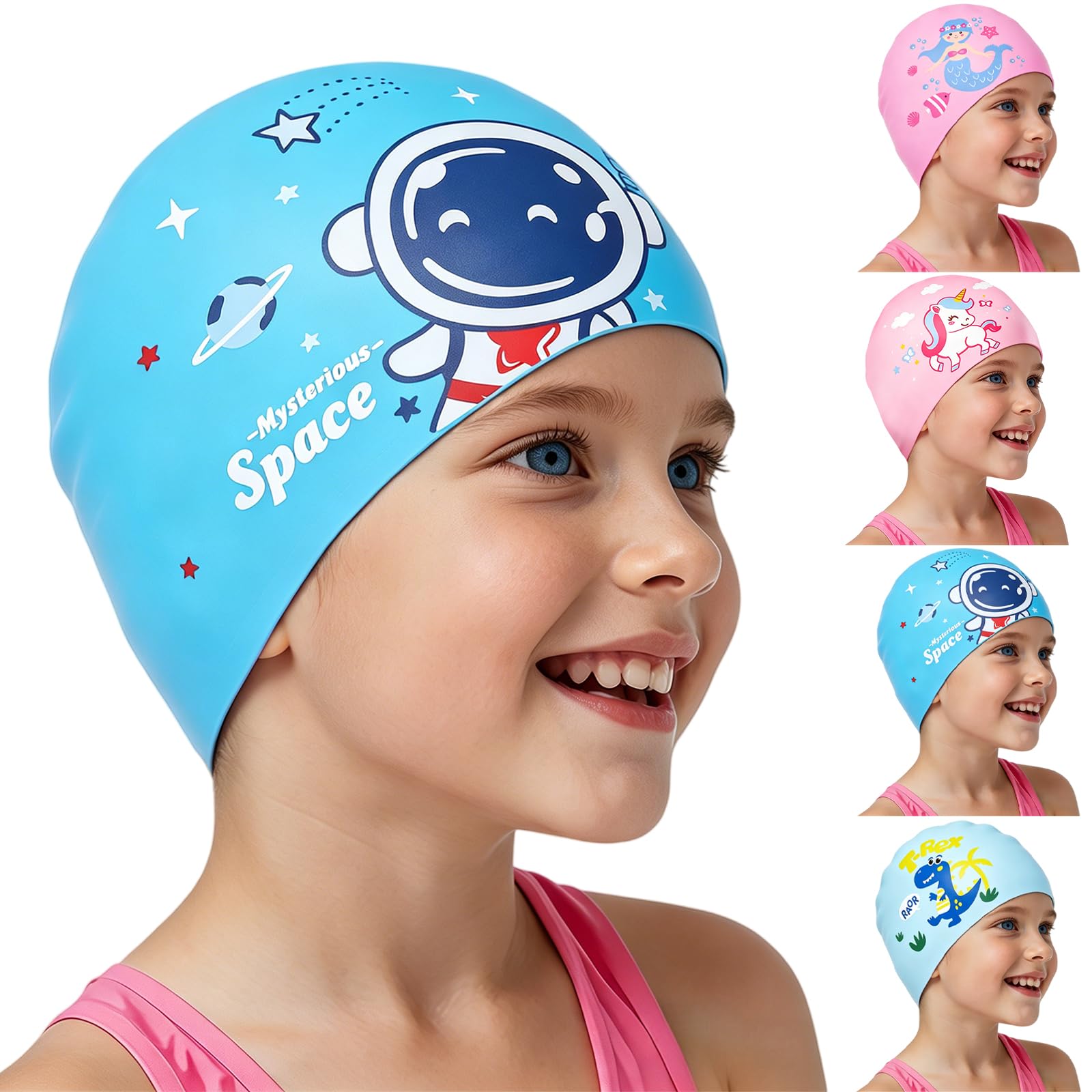 AMFUN Kids Swimming Cap 4-12 Years, Astronaut Cartoon Silicone Swim Cap, Waterproof Stretchable Anti-slip Ear Protection, Chlorine Resistant Comfort Design for Pool Beach Swimming