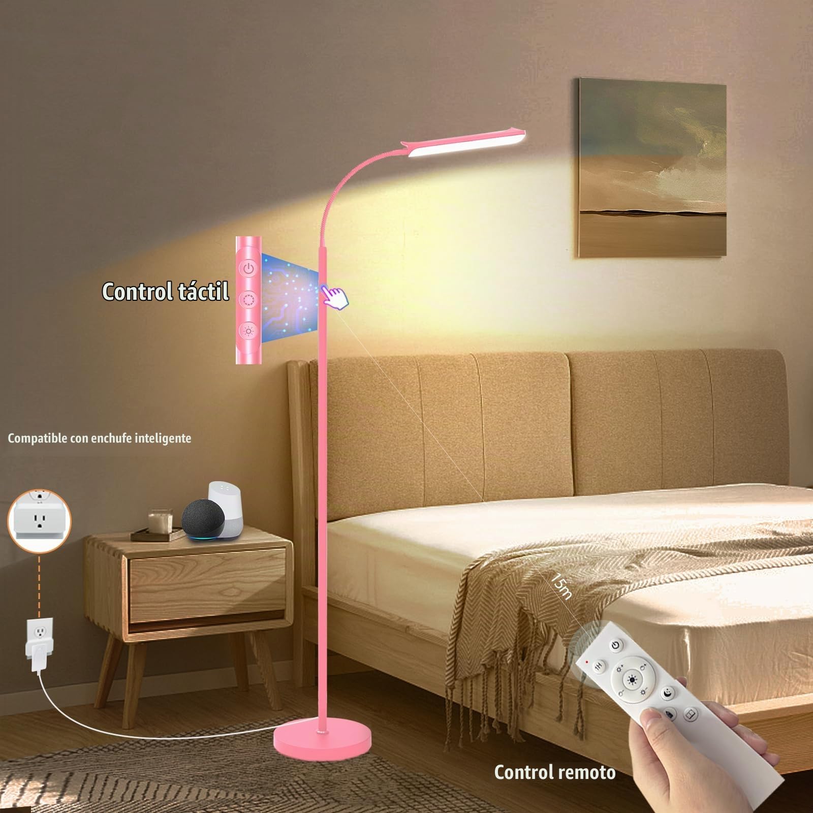 Rosa - Lámpara de pie con pie (18 W, 1800 lm, regulable LED, lámpara de suelo, 2700 K, 6500 K, temperatura de color, con mando a distancia, control táctil, 1 hora, lámpara de pie alto para sala de