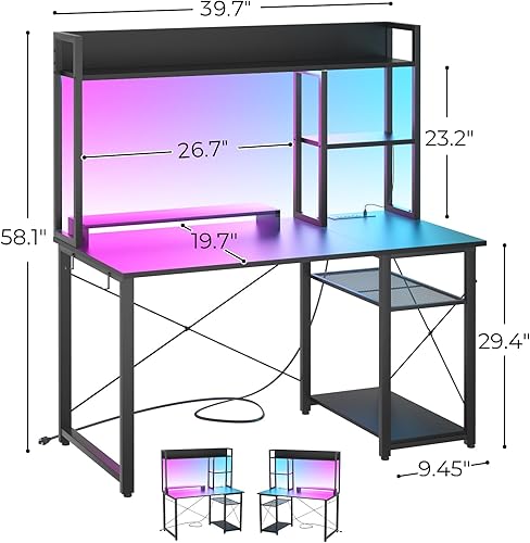 Miniatura 2 de Cyclysio Escritorio para juegos con gabinete, escritorio para computadora de 39 pulgadas con luces LED y tomas de corriente, escritorio de oficina