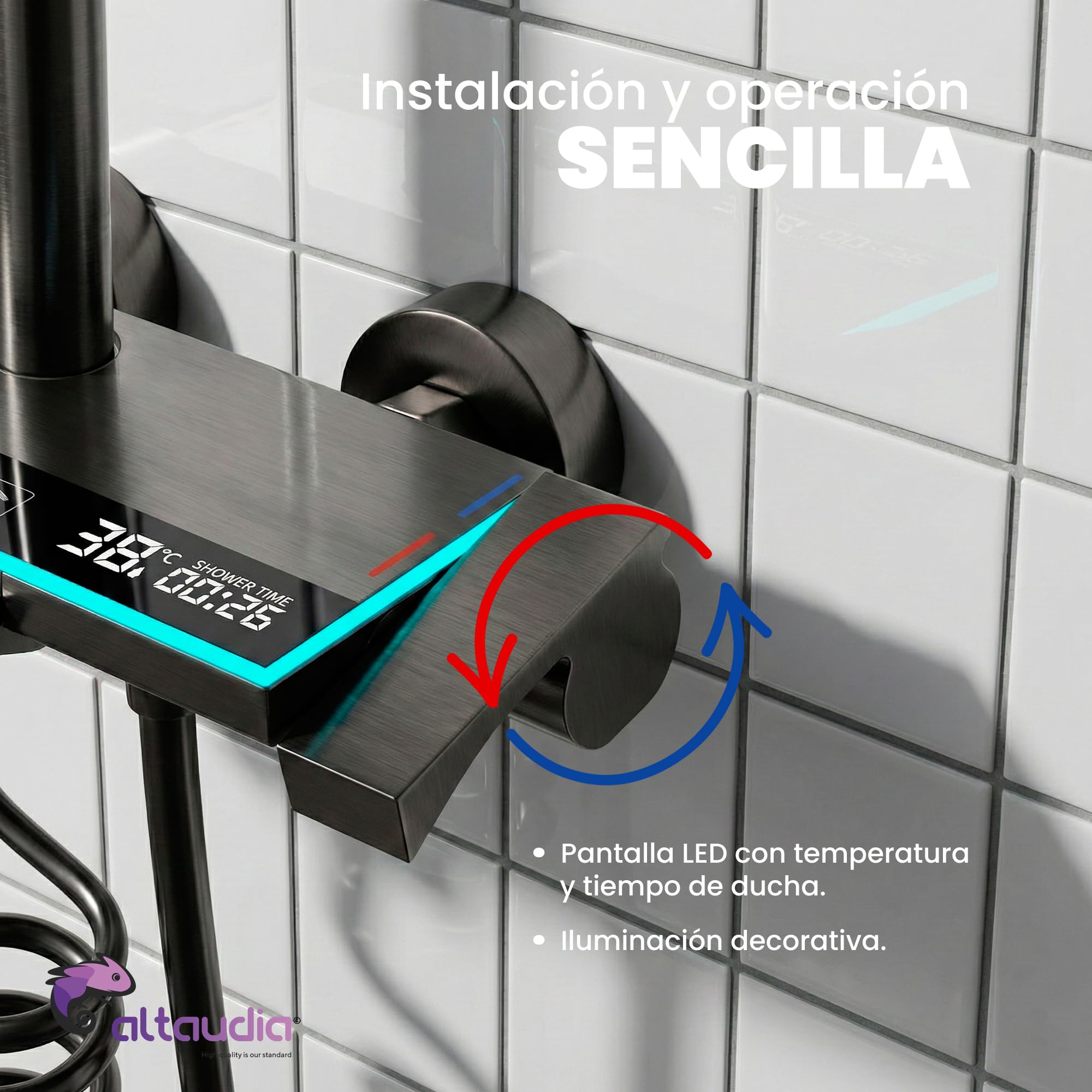 Altaudia Columna de Ducha Termostática con Pantalla LED - 4 Vías Agua (Lluvia 30×20cm, Teleducha, Spray 3 Modos, Chorro) Material Inox/ABS, Izq. Caliente/Der. Fría, Altura Regulable (Negro) — view 5