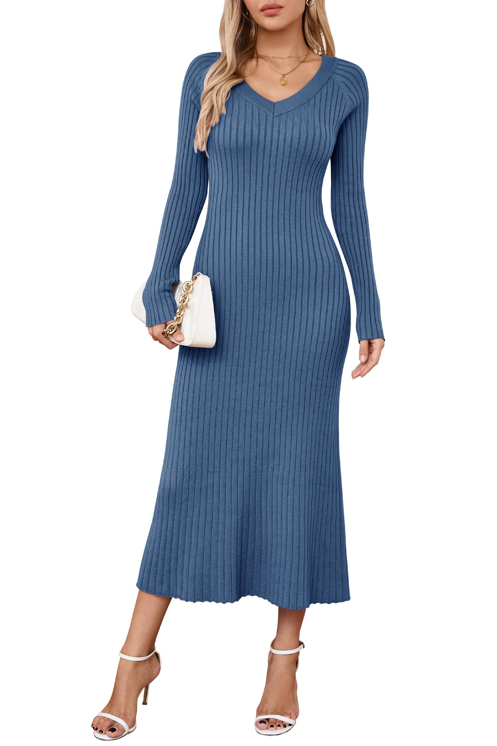 Arach&Cloz Vestido de Punto para Mujer con Cuello en V, Vestido de otoño Invierno, Vestido Jersey de Manga Larga, Vestido ceñido