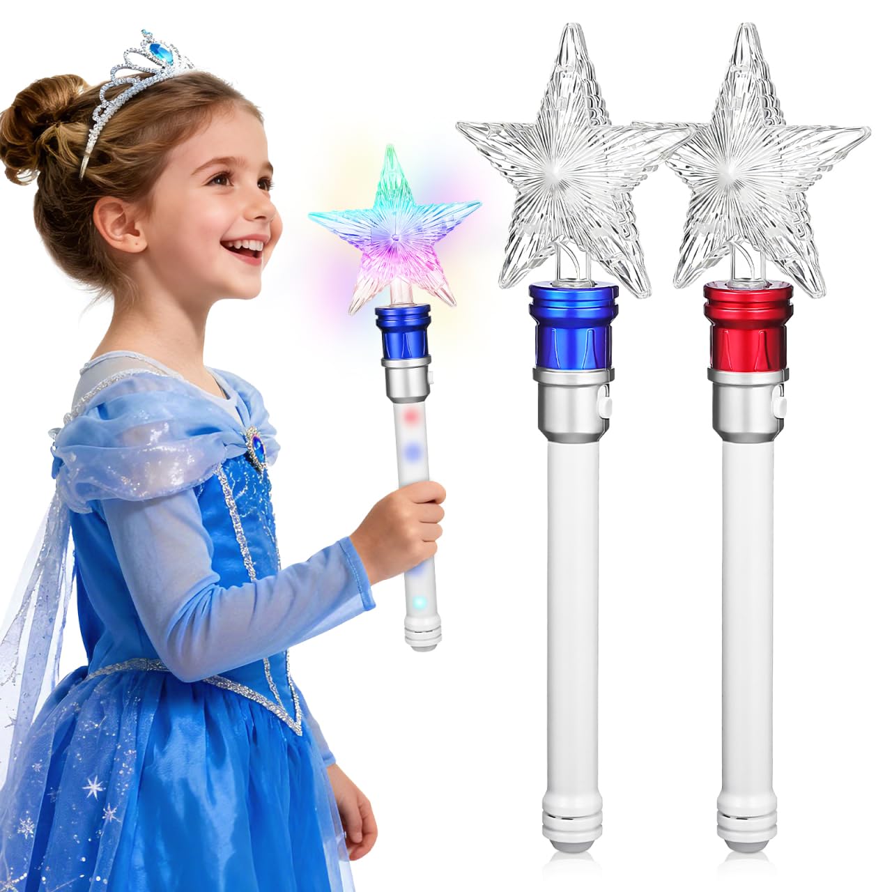 Toddmomy 2pcs Star Light Up Wand, LED Glowing Fairy Princess Stick, Flashing Rotating Toy Costume Accessory for Kids Girls Boys, Birthday Christmas Party Favors Pretend Play Gift