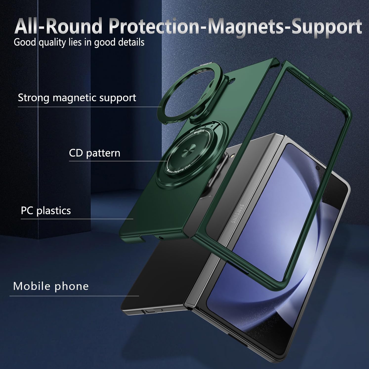 Magnetic for Galaxy Z Fold 5 5G Case,Magnetic Stand,Lightweight,Slim Fit Drop Protection Rugged Shockproof Cover for Galaxy Z Fold 5 5G, Shockproof Protective Phone Dark Green 17-Z Fold5-13