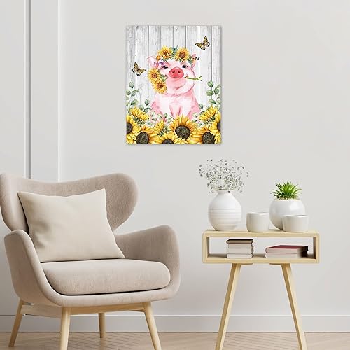 Miniatura 4 de HVEST Arte de pared de girasol de cerdo, lindo cerdo y girasoles con mariposa en tablero rústico, pintura abstracta, lienzo de granja para baño,