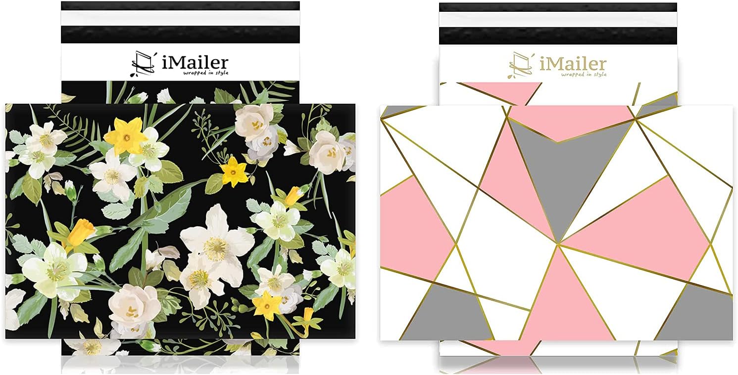 Poly Mailers 10''x 13'' Triangular Pink(100 counts)+Black Flower (100 counts) Envelope, Mailing Shipping Bags with Self Seal Strip