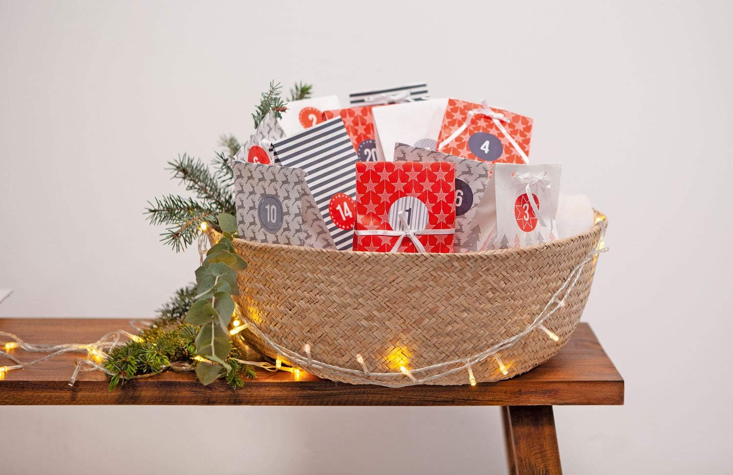 9395 Advent Calendar Set Style, with 24 Food Safe Paper Bags, 10 x 17.5 x 5.5 cm, 7 m Satin Ribbon and Number Stickers