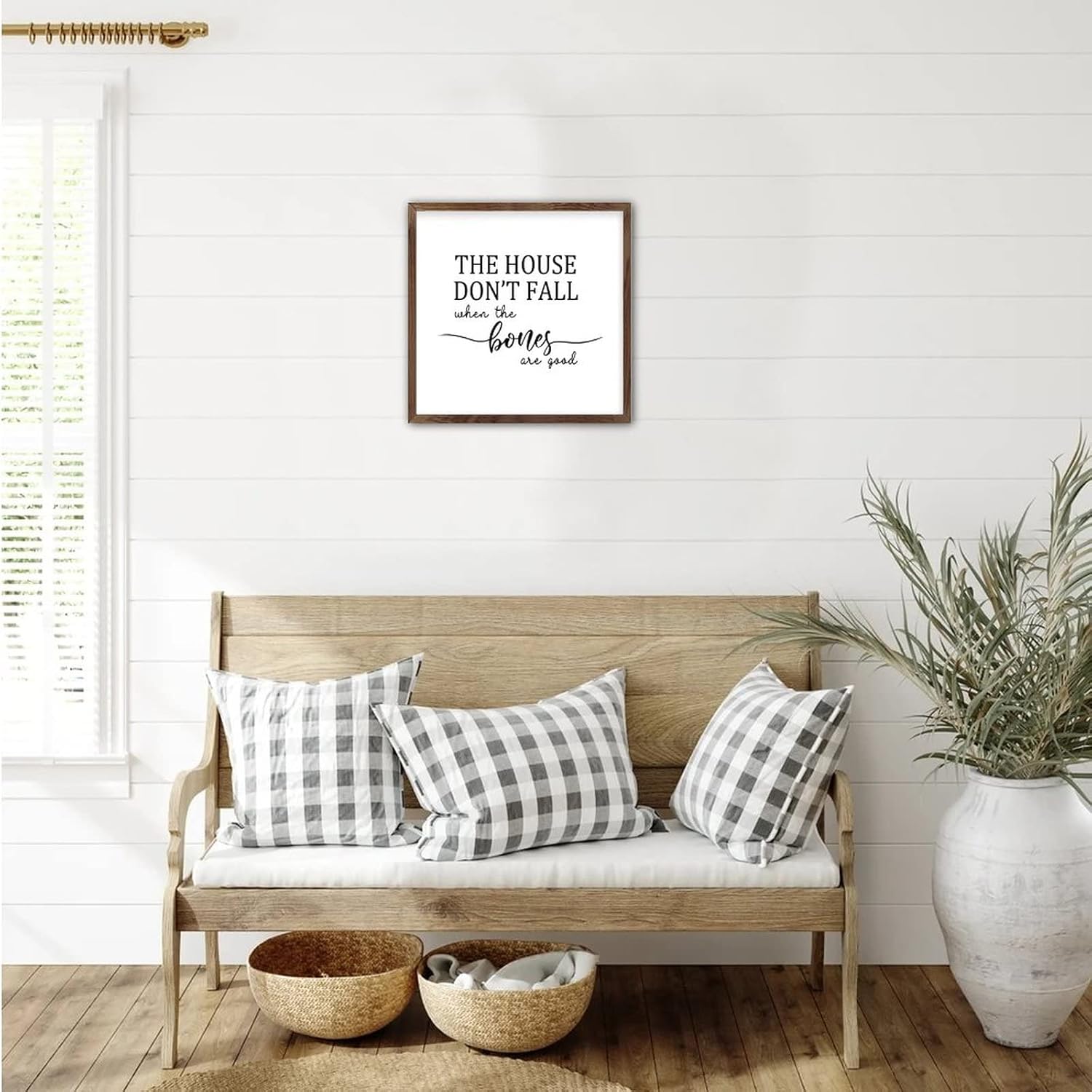 Wooden Wall Art Sign with Phrase the House Don't Fall when the Bones Are Good Rustic Style Frame Wooden Plaque for Home Garden Yard Farmhouse Porch Wall Decor 12x12inch