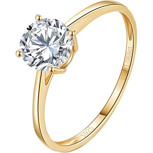 0.3-2 Carat Lab Grown Diamond Engagement Rings for Women, 14K Gold Plated Sterling Silver Rings, IGI Certificate Round Cut Diamond Solitaire Promise Ring, Size 5-9, Classic 4-Prong Wedding Band