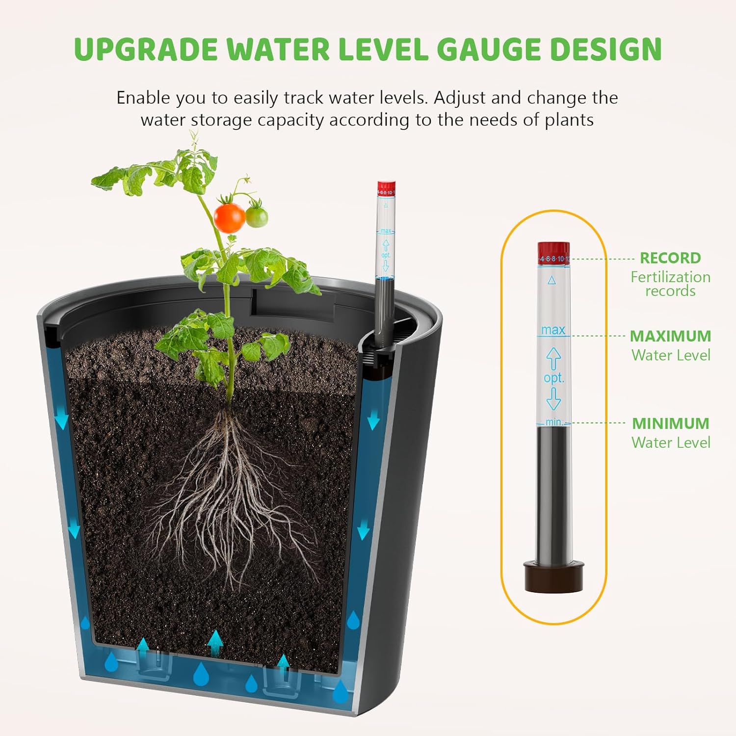 DoCred Self Watering Tomato Planter with Trellis, Large Flower Pot with Water Level Monitor, Round Garden Planters Plant Pots for Outdoor & Indoor Plants Flowers Decor, Gray