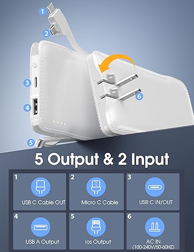 Miniatura 6 de TG90 Cargador portátil con enchufe de pared de CA integrado y cables, cargador de batería externo USB C de 10000 mAh, compatible con teléfonos