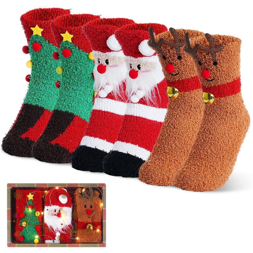 3 Paar Crew-Socken Weihnachten für Damen, rutschfeste Bodensocken, flauschige Kuschelsocken mit Weihnachtsmann-, Elch- und Weihnachtsbaum-Motiv, warm, dekorativ und bequem für Zuhause