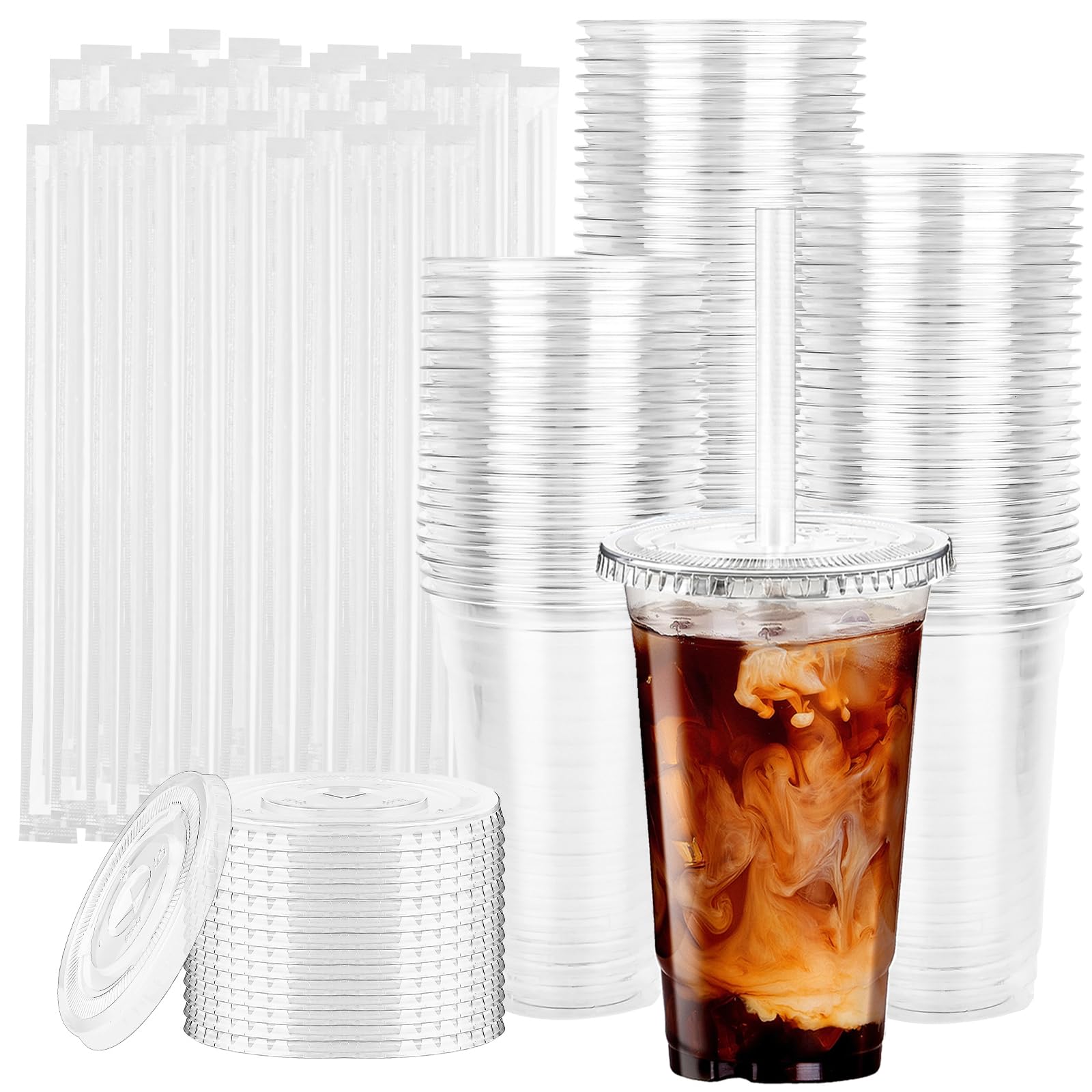 [100 Sets - 24 oz] Plastic Cups with Flat Lids and Straws - Clear Disposable Drinking Cups for Ice Coffee, Smoothie Milkshake, Slush and Cold Drink