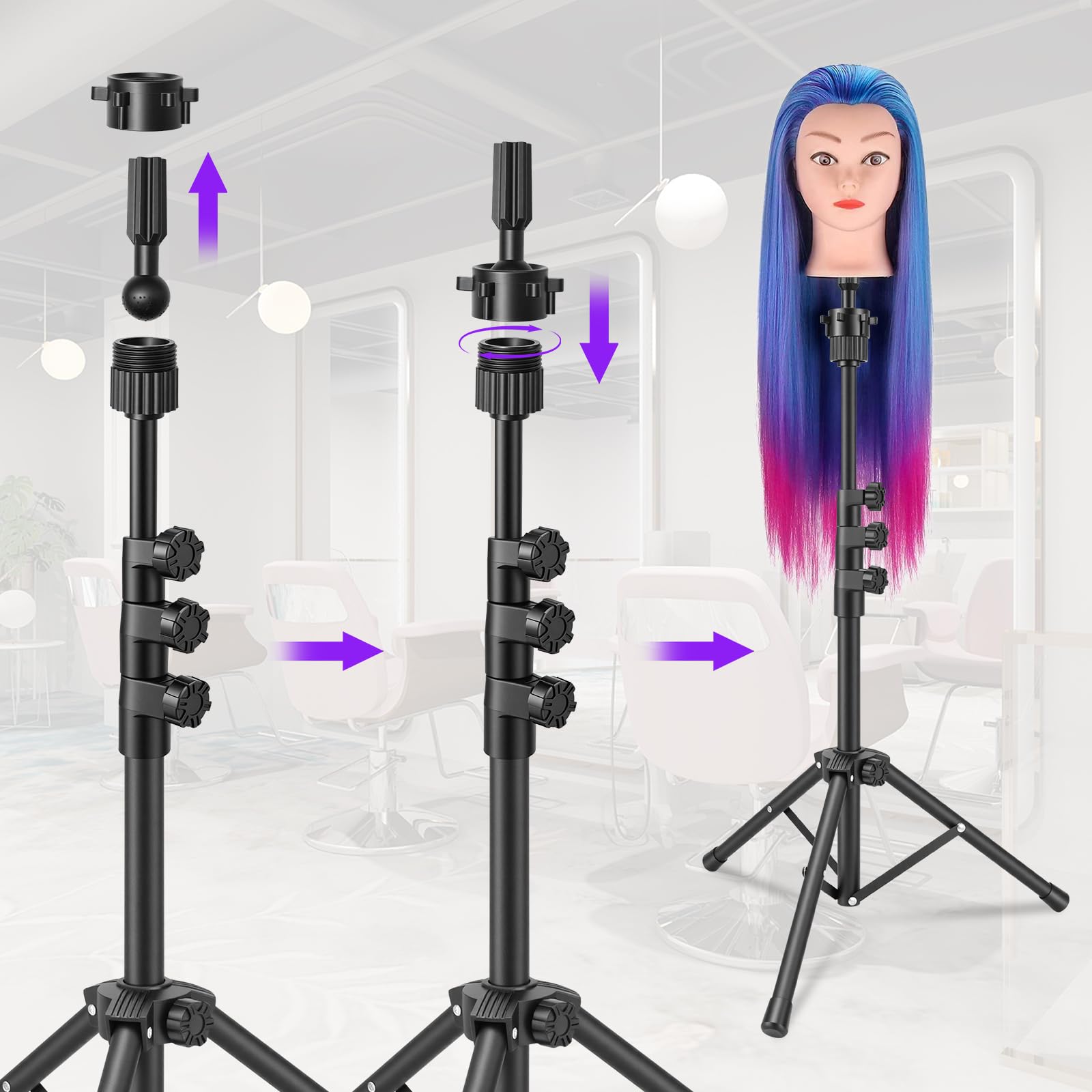 TwoWin Support de Tête de Mannequin Réglable 59-140 cm, 23,2-55 Pouces Trépied pour Perruques, Porte Perruques avec Base Antidérapante, Idéal pour l‘Entraînement en Coiffure et Cosmétologie