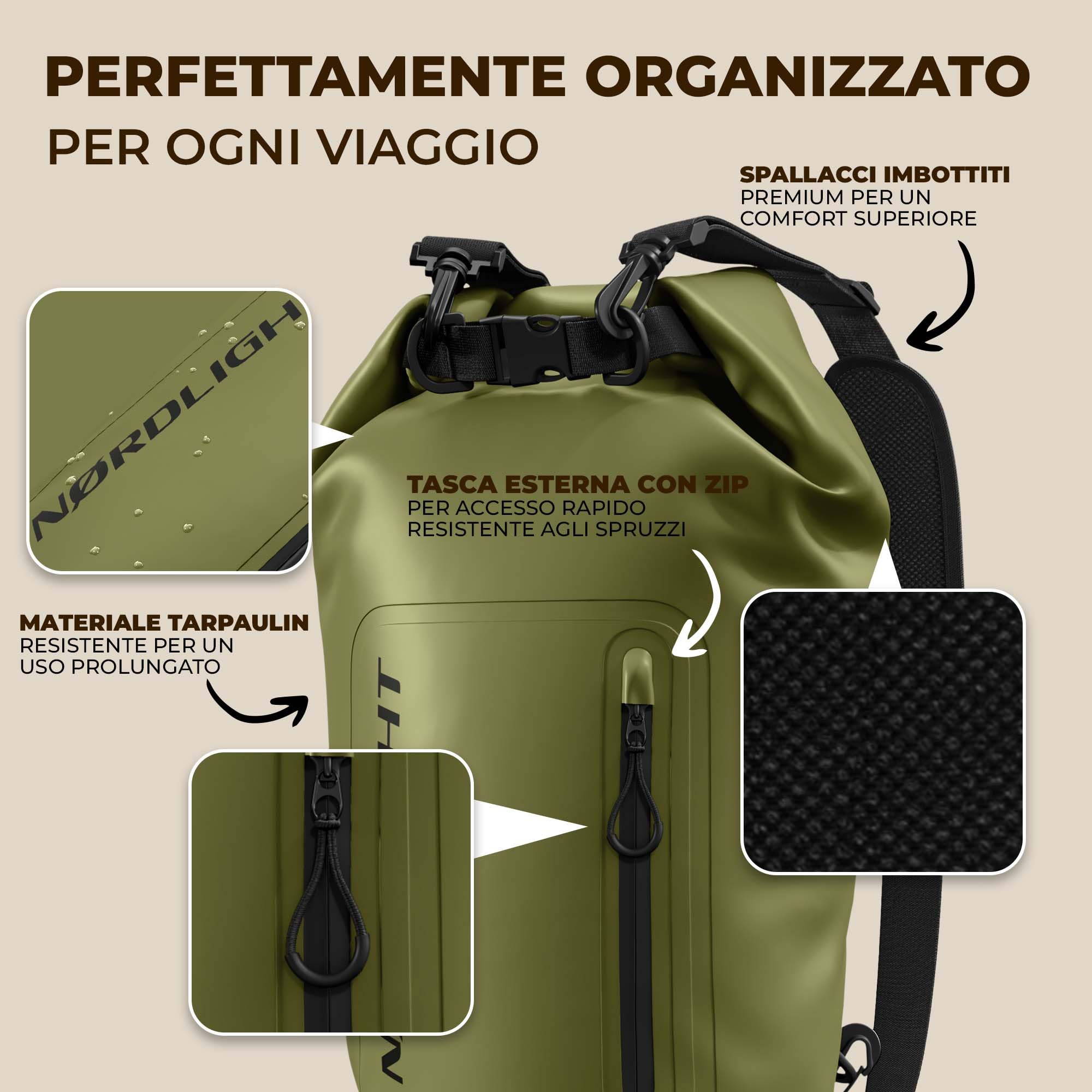 Nordlight Dry Bag Sacca Impermeabile + Custodia per Cellulare + Chiusura Arrotolabile, Tracolla | Zaino Impermeabile Sacca Stagna Borsa | Spiaggia, Canoa, SUP, Immersioni - Verde Oliva, 10 Litri