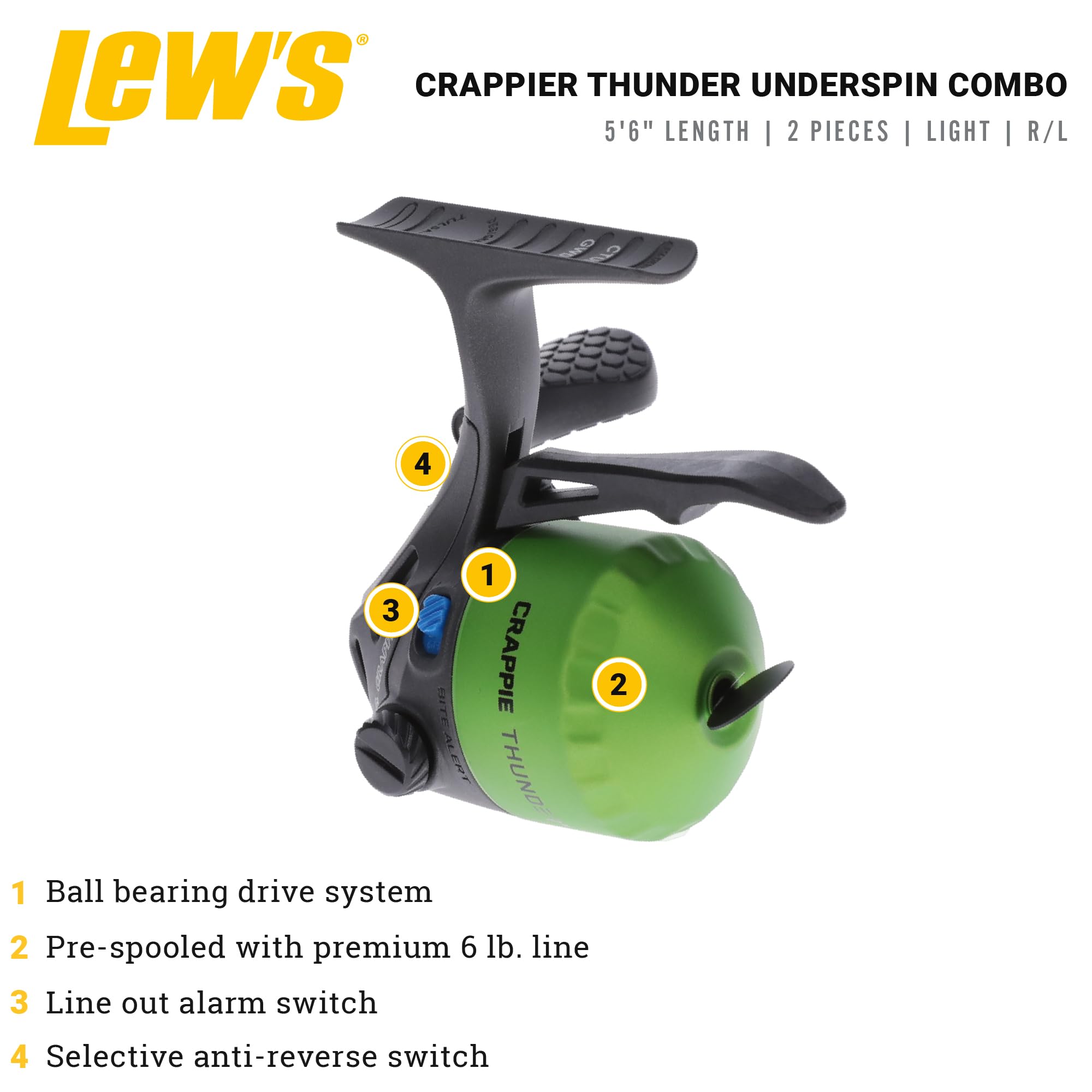 Lew's Mr. Crappie Crappie Thunder Underspin Reel and Fishing Rod Combo, Graphite Rod, 4.3:1 Gear Ratio, Interchangeable Retrieve, 6-Pound Line, Green