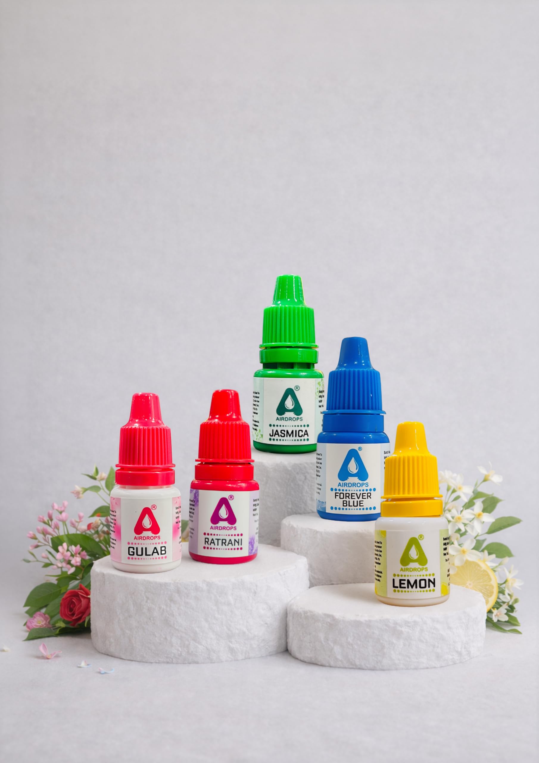 Airdrops Long-Lasting Aromatic Oil Air Freshener, Gulab, Ratrani, Jasmica, Forever Blue and Lemon, Pack of 5-image-4