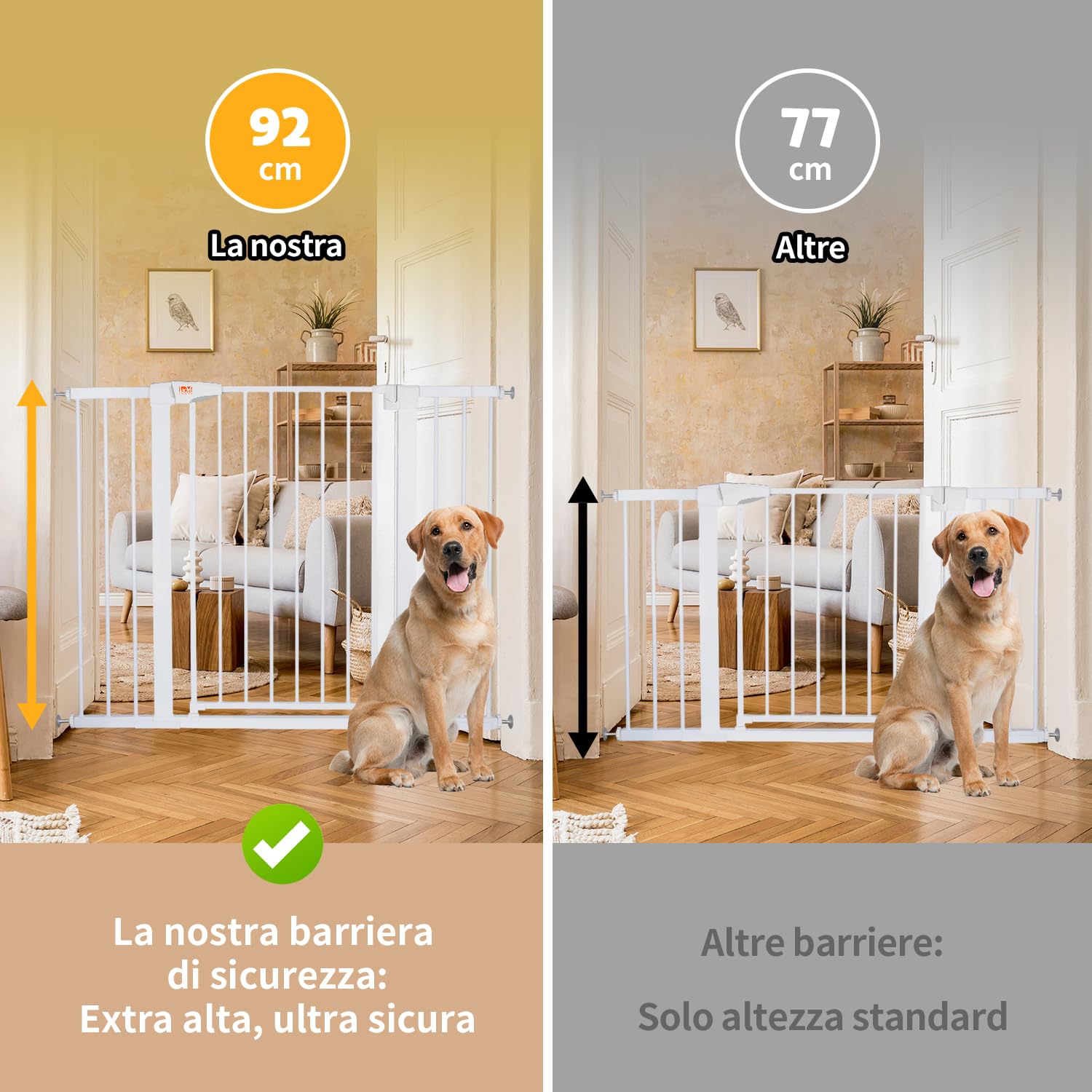 LAOYE cancelletto per bambini, Cancelletto per scale senza trapano, altezza extra alta 92 cm, larghezza 75-124 cm con 3 estensioni, per bambini, cani gatti, chiusura automatica arresto a 90°-Bianco