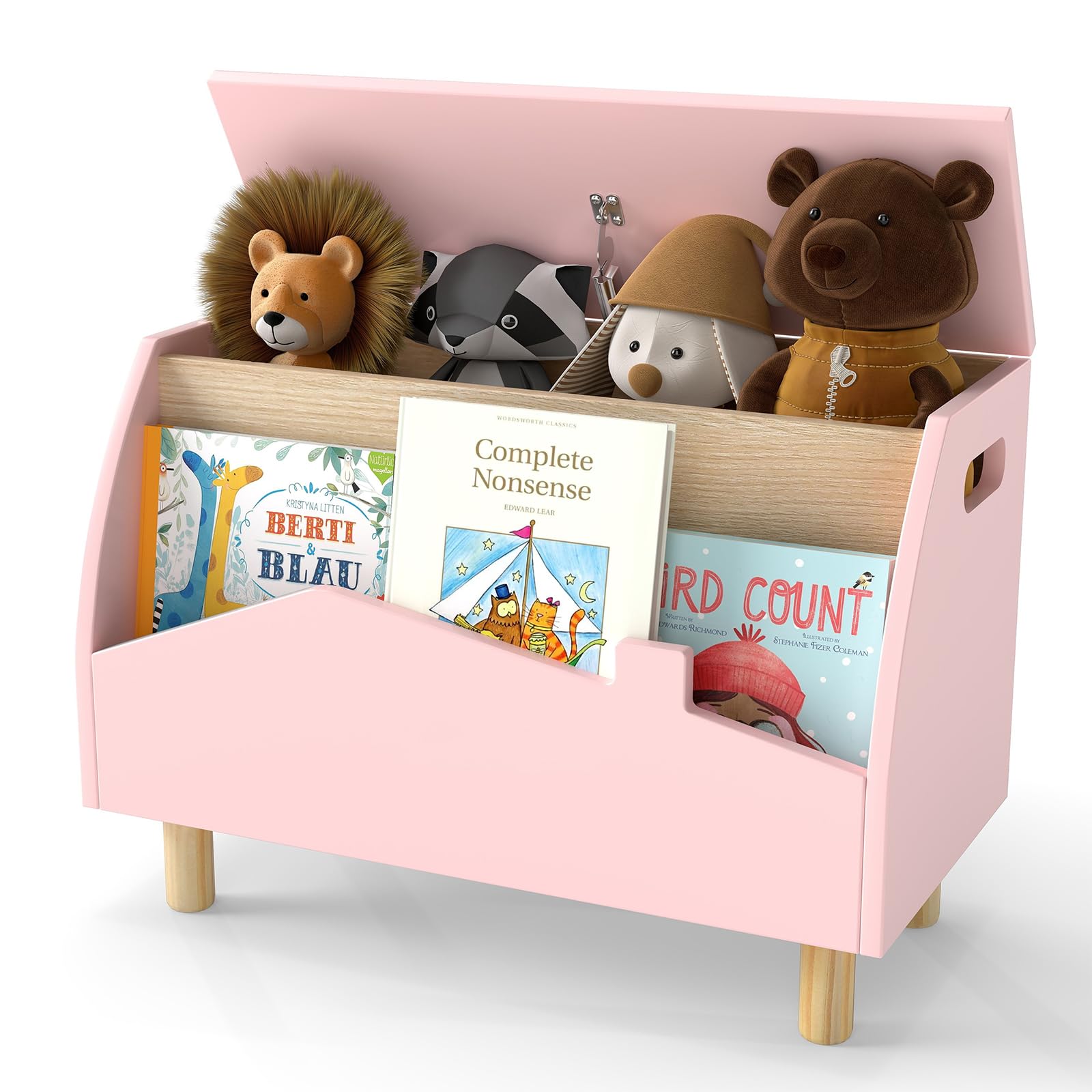 COSTWAY Wooden Toy Box, Kids Storage Chest with Flip-top Lid, Front Bookshelf, Multifunctional Children's Organizer Cabinet for Playroom Bedroom (Pink, 60 x 30 x 44cm)