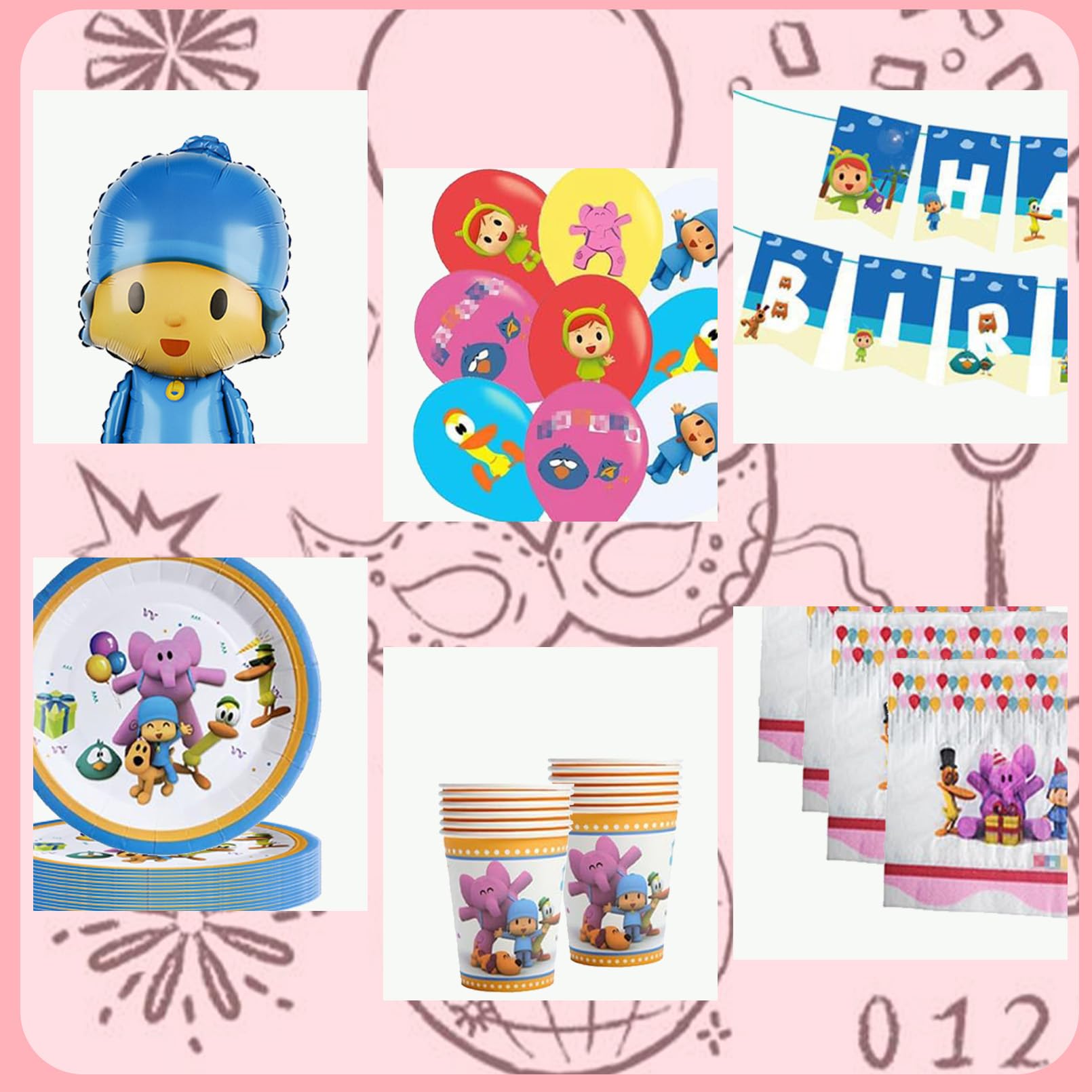 105 Pezzi Pocoy Stoviglie per Feste di Compleanno，Addobbi Compleanno Pocoy，Tovaglioli, Tovaglia, Piatti di Carta