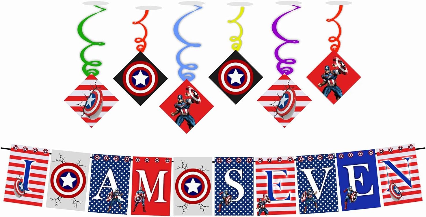 Balloonistics Captain America Theme Birthday Decoration Hanging and Banner for Photo Shoot Backdrop and Theme Party (7th Birthday Banner + 6 Swirls)