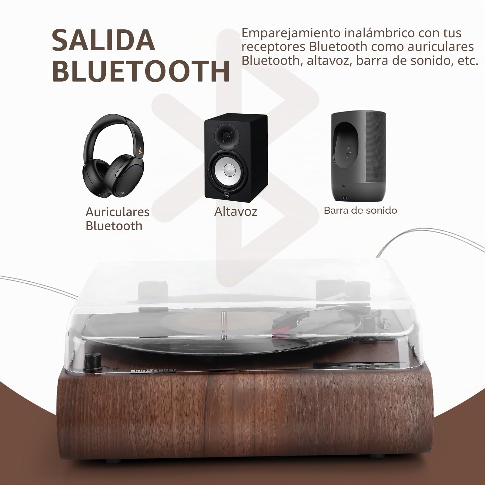Reproductor de discos, tocadiscos Bluetooth de 3 velocidades con altavoces integrados, radio FM, codificación Vinyl-MP3, reproducción USB y SD, pantalla LED, lector de LP retro de madera