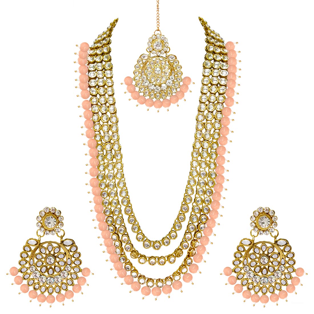 Peora Peach Gold Plated Kundan Studded Long Necklace Set with Maang Tikka & Earrings for Women Traditional Jewellery (B09C3TFTC1) Amazon Price History, Amazon Price Tracker