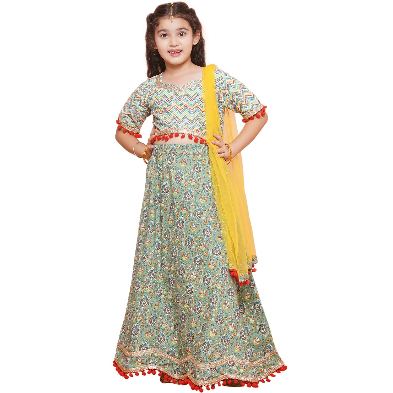 AJ DEZINES Kids Ethnic Wear Jacquard Zigzag Printed Half Sleeve Lehenga Choli Set For Girls