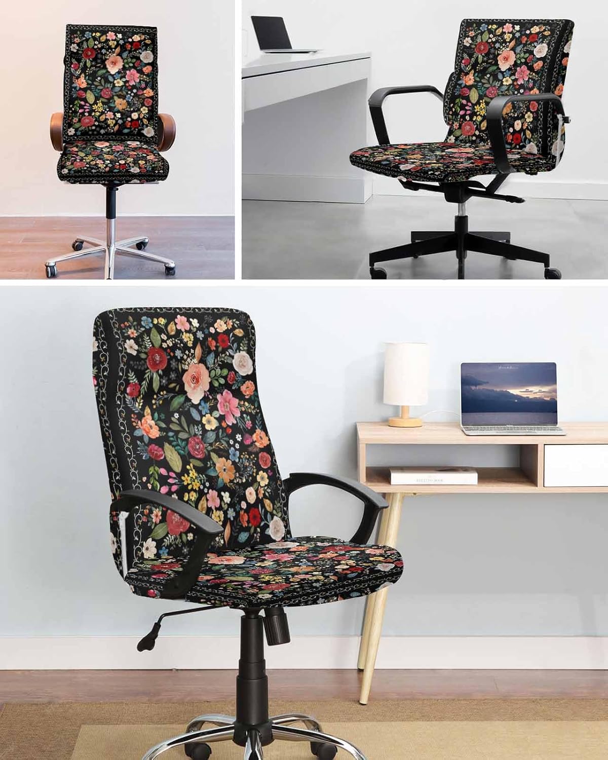 DecorLovee Black Spring Floral Office Chair Covers Stretchable Computer Gaming Chair Cover, Botanical Watercolor Summer Universal Desk Chair Covers Removable Rotating Chair Slipcover with Zipper, M