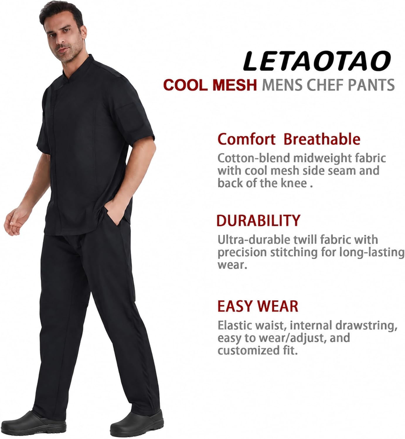 LETAOTAO Chef Pants Men Breathable Straight-fit Chef Cargo Pants with Mesh Panels & Elastic Waist Kitchen Work Pants