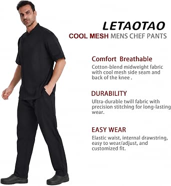 LETAOTAO Men's Black Chef Pants Breathable Mesh Panels Kitchen Work Pants | Men's Chef Pants With Breathable Mesh Panels For Comfortable All-Day Kitchen Wear