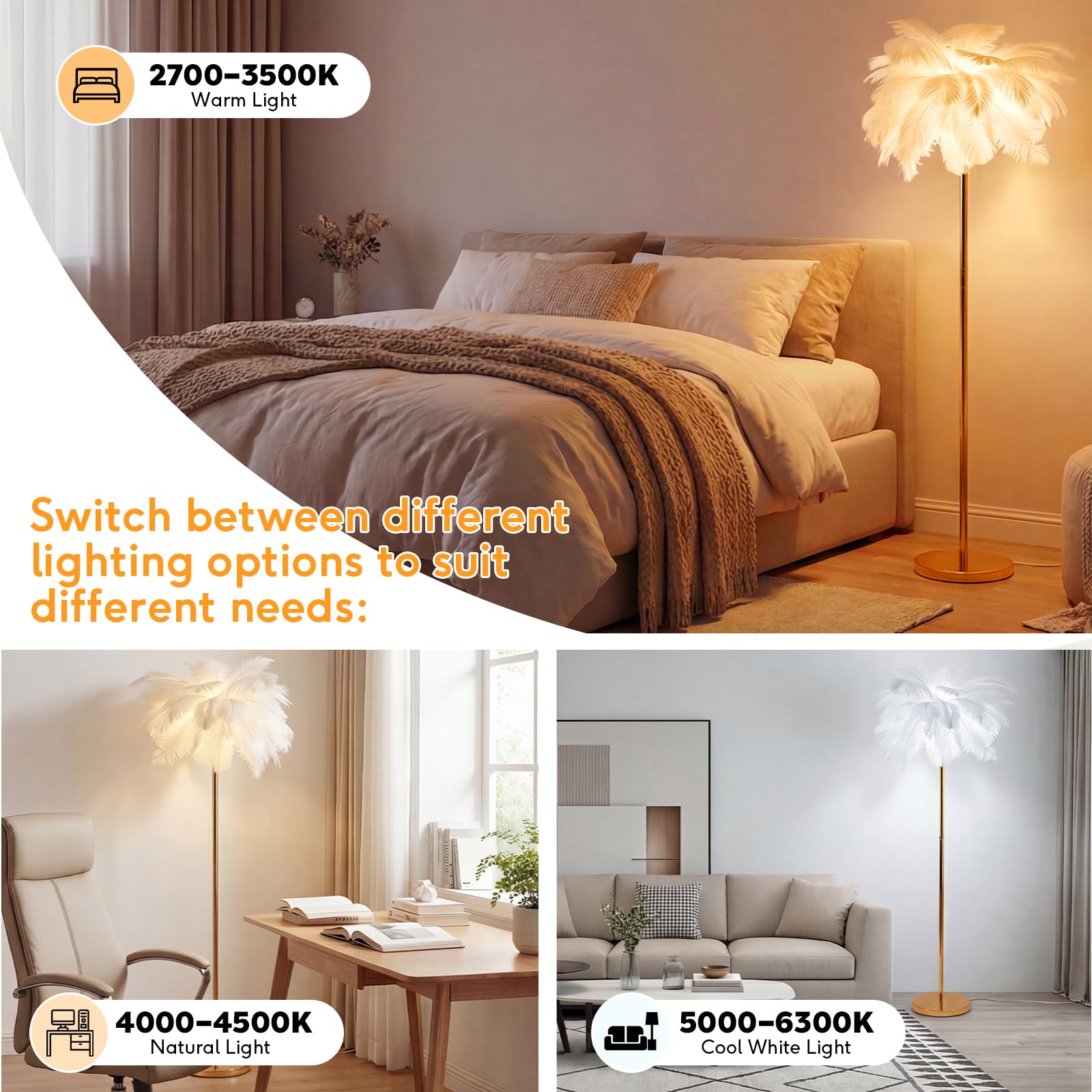 Federlampe Stehlampe, Straußenfeder-Stehlampe 160cm Große, 3 Farbtemperaturen, G4 Led Lampen Wohnzimmer, für Wohnzimmer Kinderzimmer Schlafzimmer, Lesen, Büro