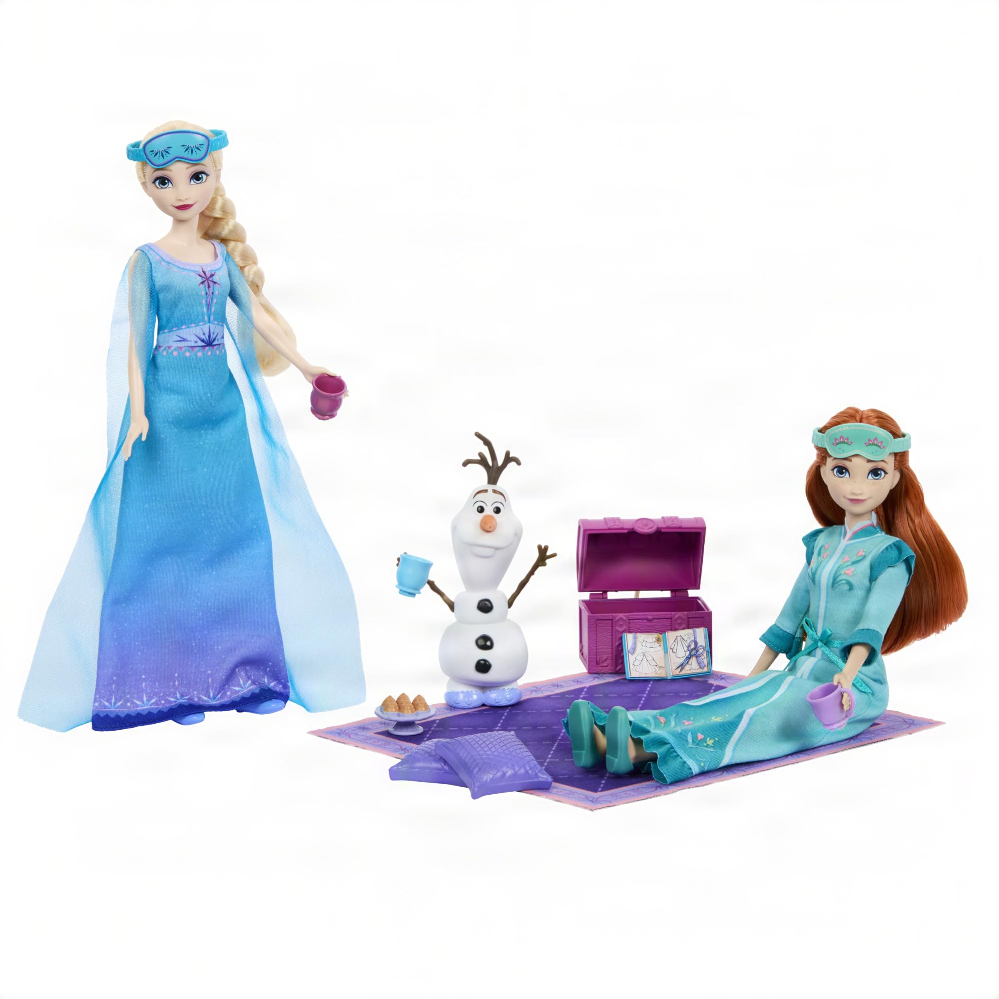 Mattel Disney Frozen Anna i Elsa zestaw sióstr na noc, 2 lalki | Królewskie stroje wieczorowe, kapcie, figurka Olaf, 12 akcesoriów (poduszki, maski), JML08