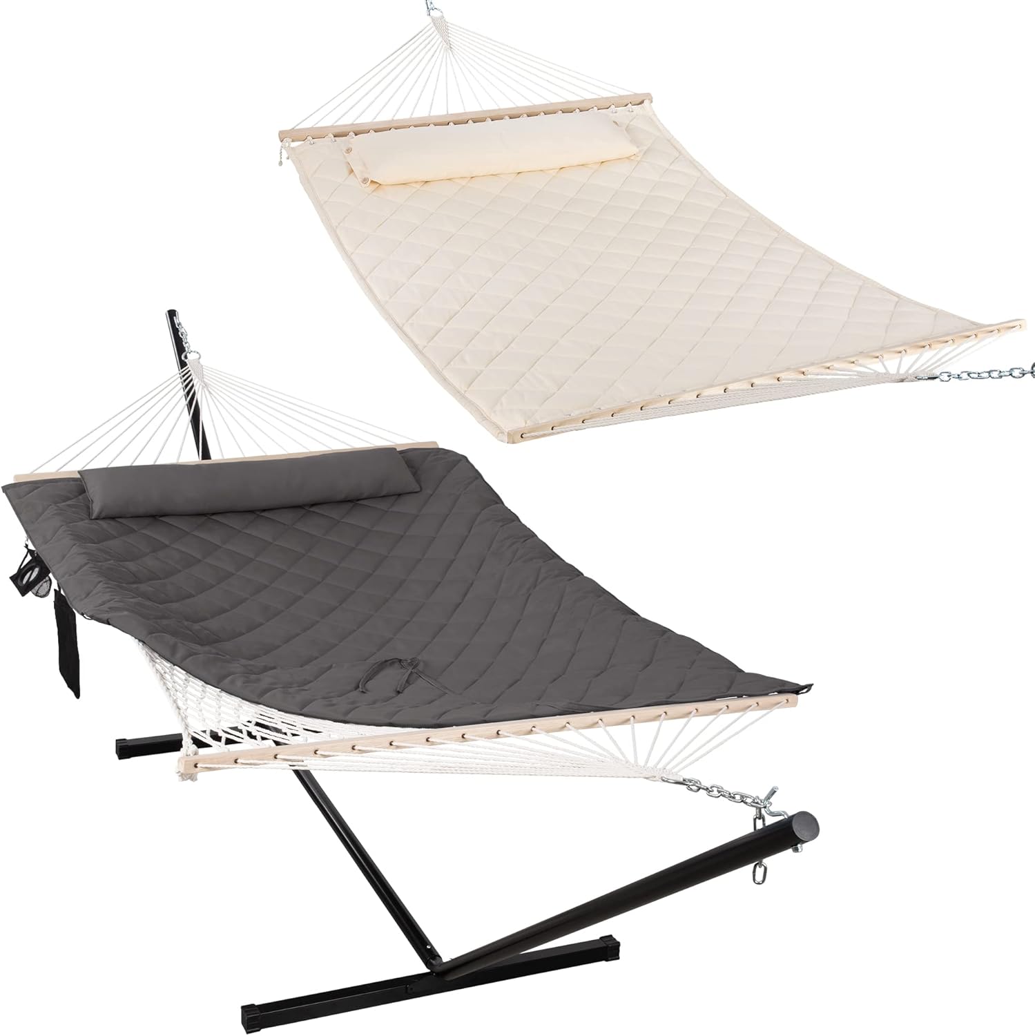 ANOW Rope Hammock with 12 Feet Steel Stand, Portable Natural Hammock with Pillow, 450 LBS Weight Capacity