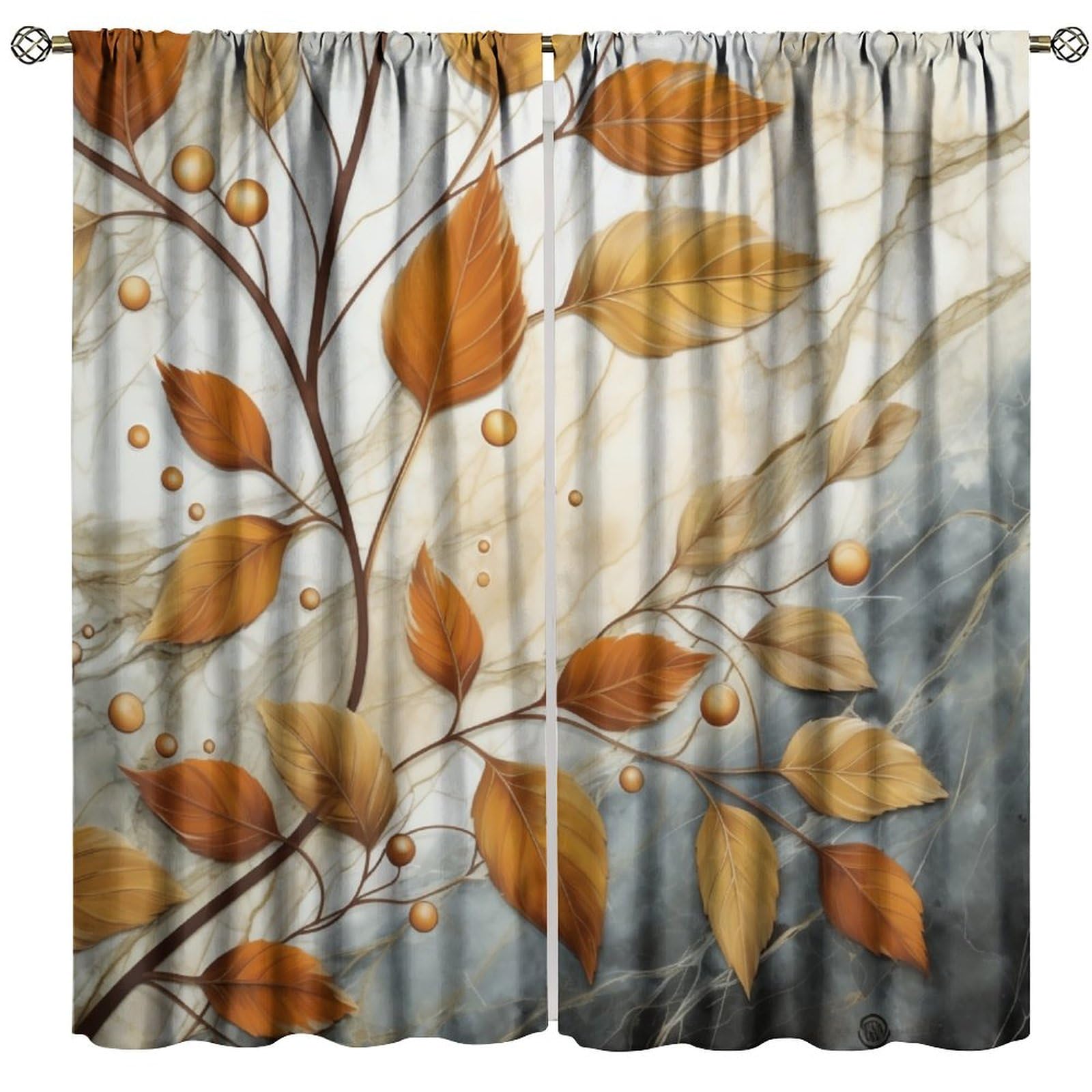 BenYaSong Brown Autumn Blackout Window Curtain, Fall Leaves on Autumnal Colors of Modern Marble Print Botanical Branch Art for Home Kitchen Restaurant Decoration Window Drapes 2Panel 63" W X 63" L